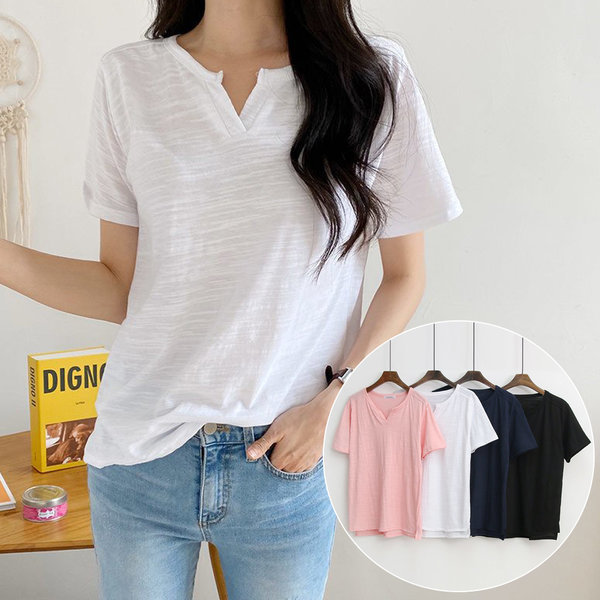G마켓 - 여성 반팔 티 여름 티셔츠 브이넥 면 흰 기본 슬라브