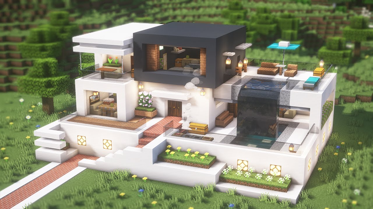 Minecraft: How To Build A Modern House With Pool Waterfall(#25) | 마인크래프트  건축, 모던하우스, 인테리어 - Youtube